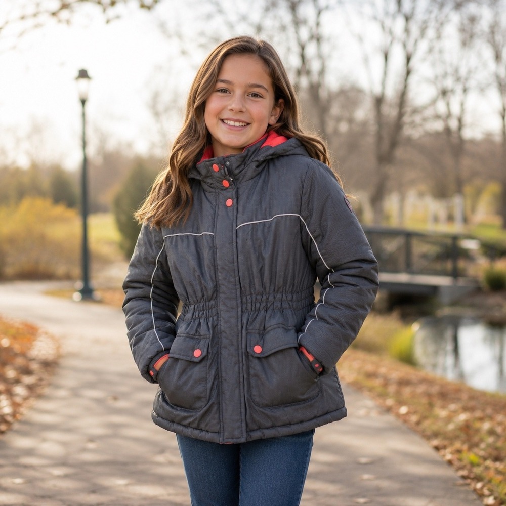Pink Platinum Advance GirlsGray Neon Pink Puffer Winter Jacket Hooded Size 10/12